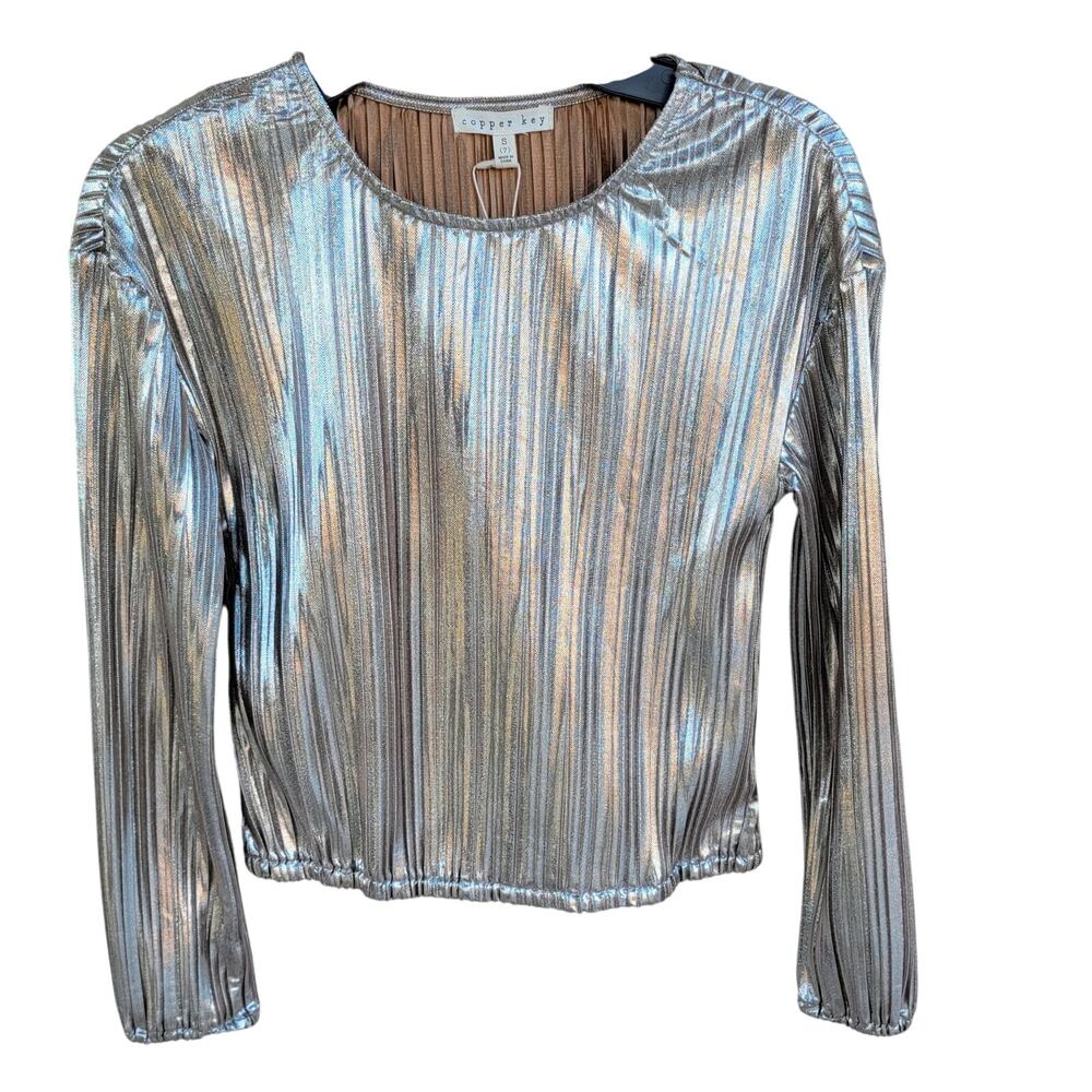 Copper Key Girls Plisse Metallic Silver Toned Holiday Top Silver Size 7 *